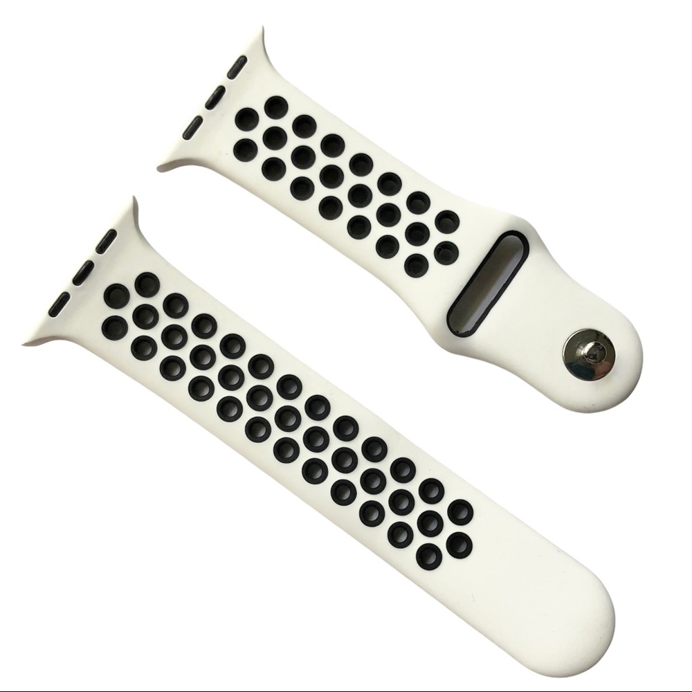 5/$20 NEW WHITE Black Silicone Sport Band Apple Watch 44/45/49mm S/M Holes